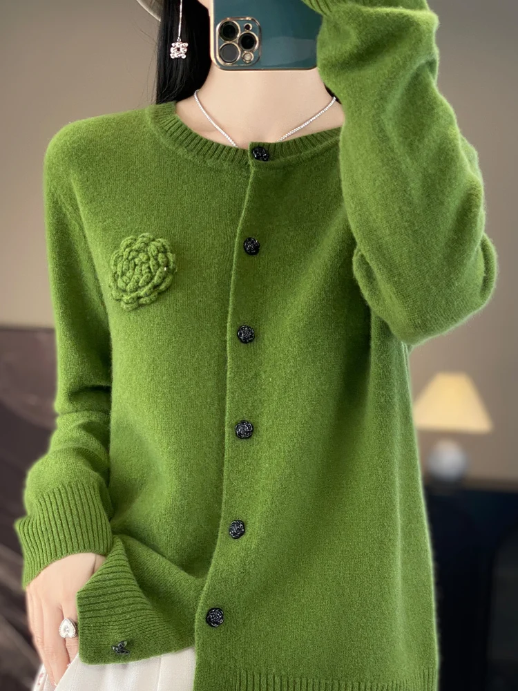 Pure wool knitted cardigan, Spring and Autumn new round neck, solid color, simple and fashionable rose top [no returns allowed]