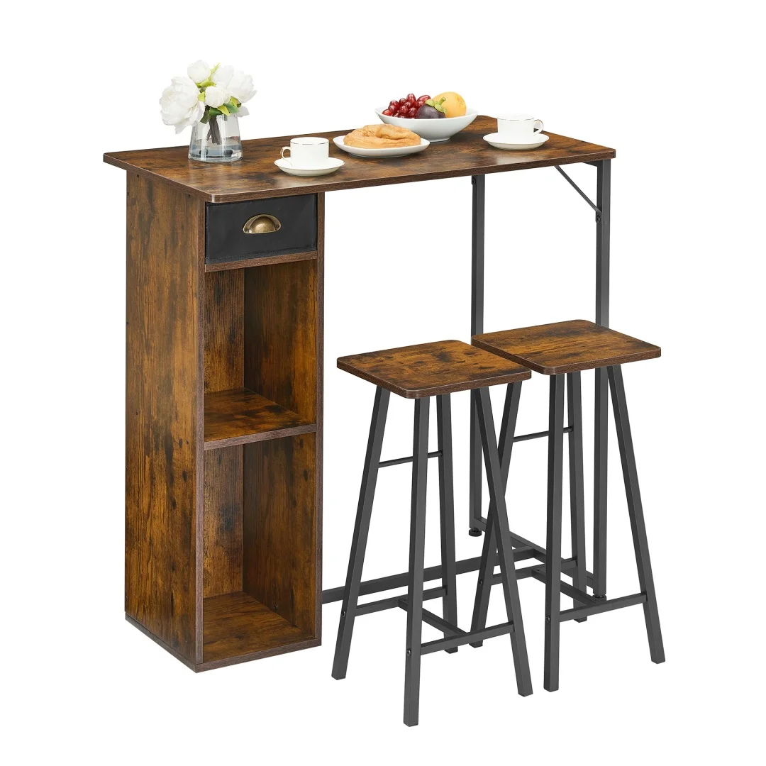 Kleines Bartisch- und Stühle-Set für 2 Personen, 3-teiliges Bartisch-Set mit Schublade und Regal, für Wohnung, Wohnzimmer, Küche