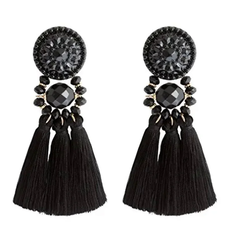 Bohemian Statement Thread Tassel Chandelier Drop Dangle Earrings with Cassandra Button Stud