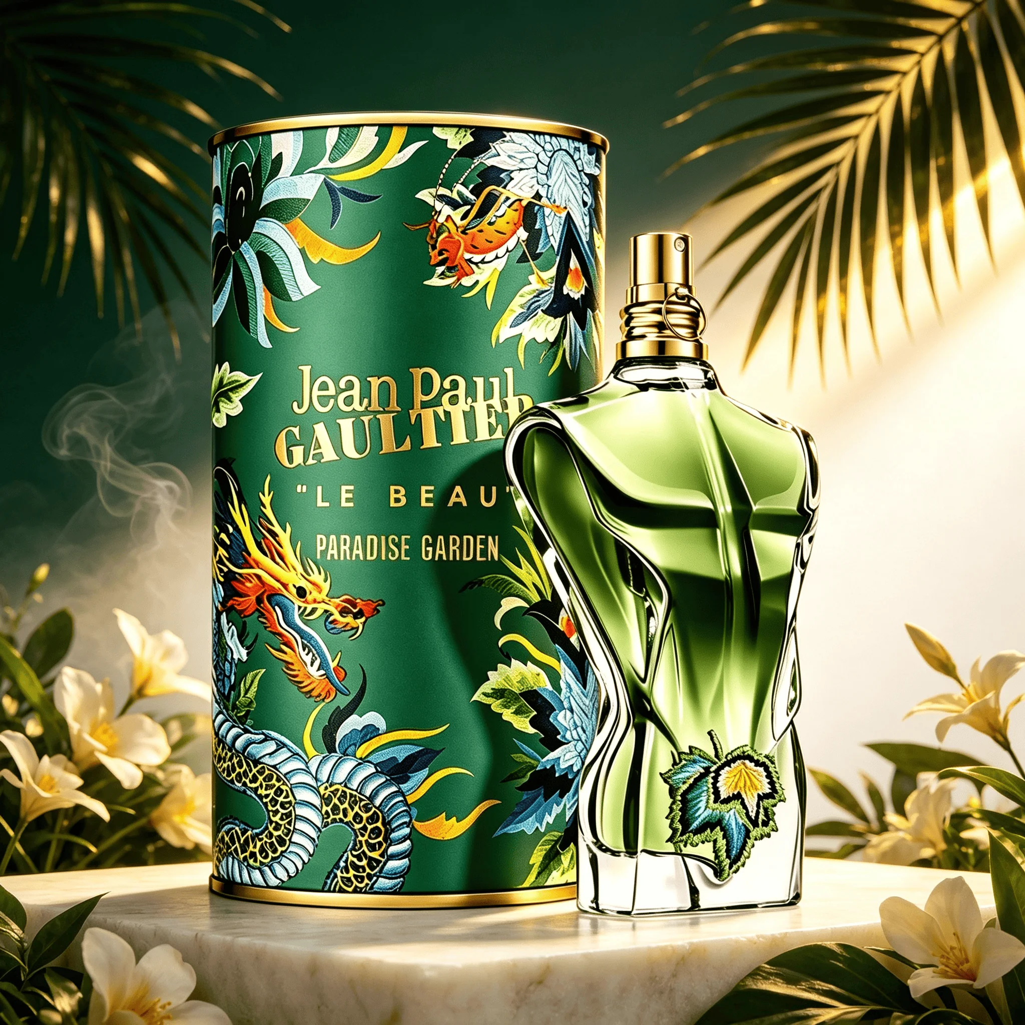 Jean Paul Gaultier Le Beau Paradise Garden Unisex Eau de Parfum 100ml, exotisches tropisches grünes Aroma, grüne Noten Kokosnuss, Feige, Sandelholz, erfrischender holziger Duft, Geschenkbox in Zylinderform mit Drachenmuster, langanhaltendes Parfüm-Spray, Geschenk für Partys, Dates und Abendveranstaltungen – Detail 4