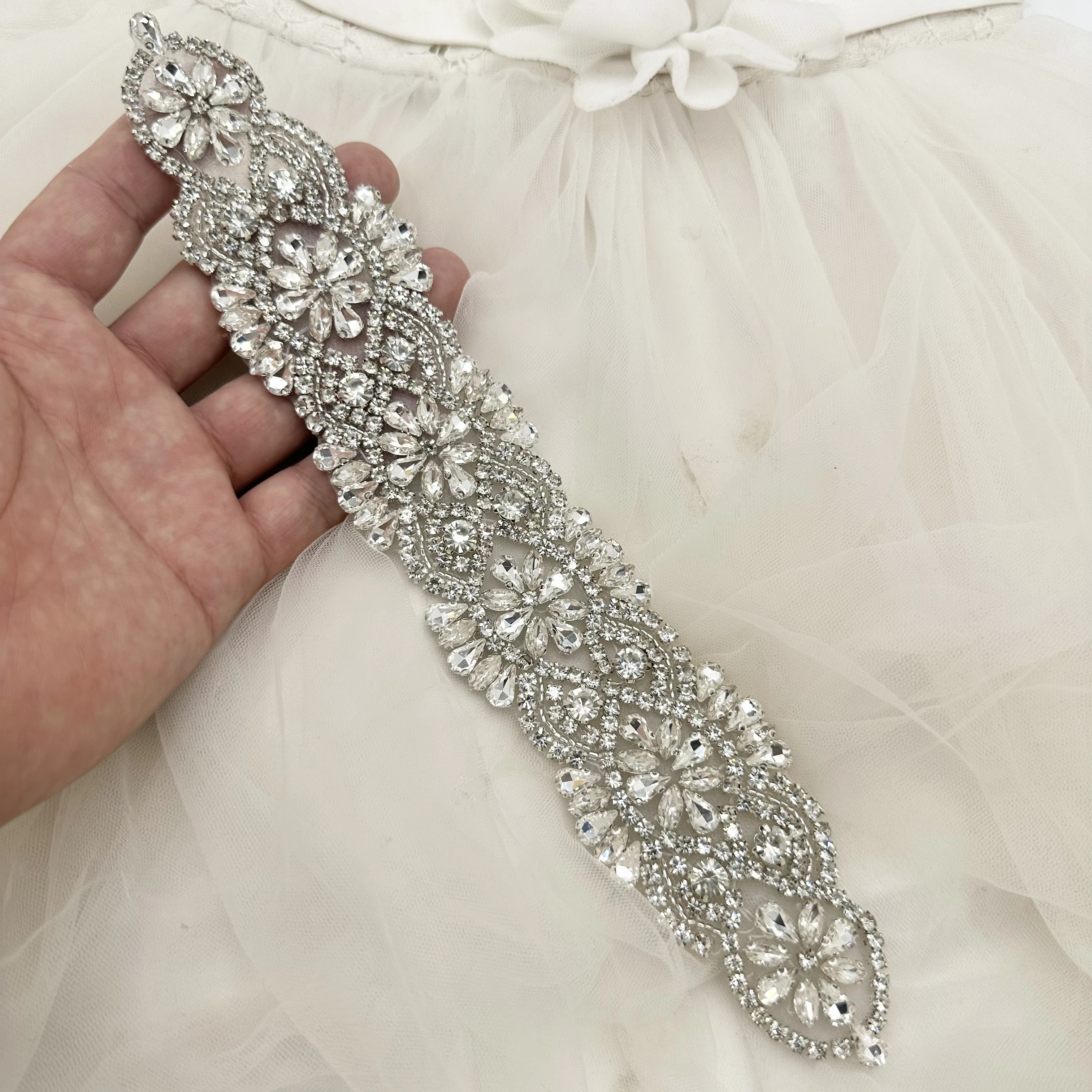 beaded pearl rhinestone applique silver patch for women dress wedding sash bridal belt