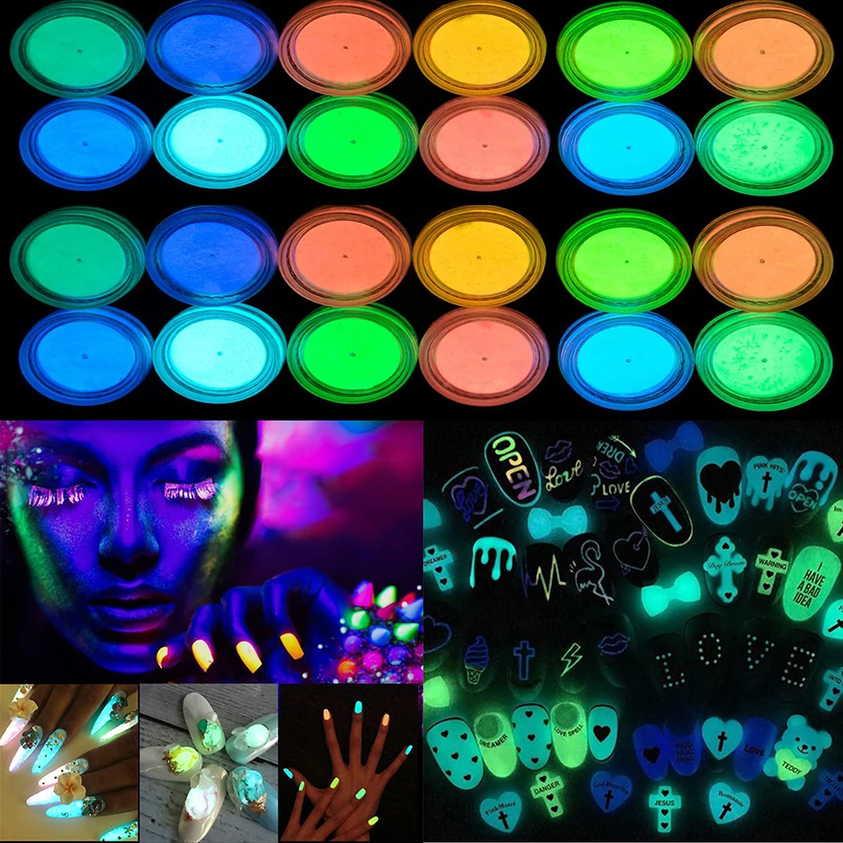 12 Colors Neon Phosphorus Pigment Powder Fluorescent Nail Polish Pigment Powder Set Nail Decorations Nail Art Facial Fluorescent