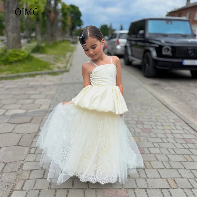 OIMG Lace Ivory Spaghetti Strap A Line Flower Girl Dresses Puffy Birthday Wedding Gown Floor Length Party Dress Customized