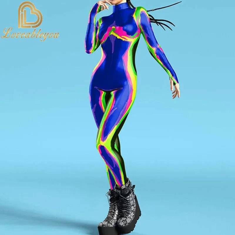 Ocean Tie Dyeing Cosplay Costume Jumpsuit Halloween Party Jumpsuits Carnival Woman Zentai  Body Clothes Tights Body One-piece