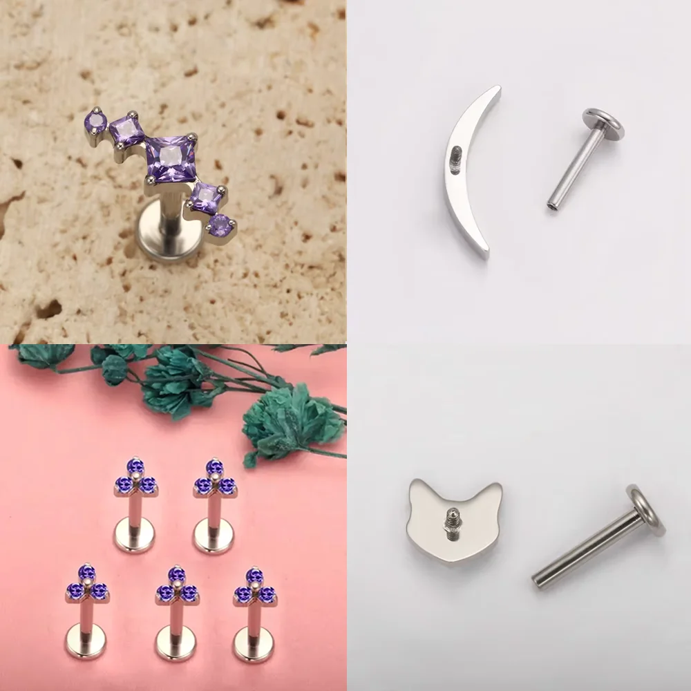 F136 Titanlegierung, modisches lila Zirkonia-Ohrstecker-Set mit Knorpel-Piercing, Lippen-Ohrstecker und Ohrläppchen, Körperpiercing-Schmuck – Detail 8