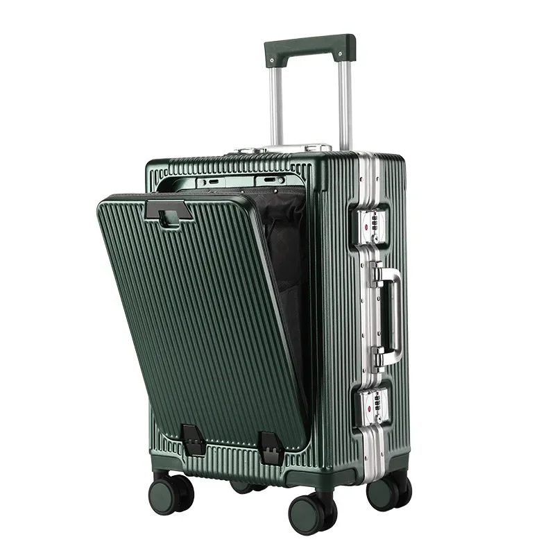 20 24 inch Trolley Suitcase Front Open Luggage Compartment Aluminum Frame Large Capacity USB Charging with Cup Holder Trunk