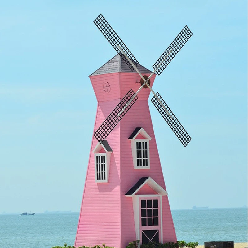 outdoor wooden windmills, anti-corrosion   flower sea landscape park decorations