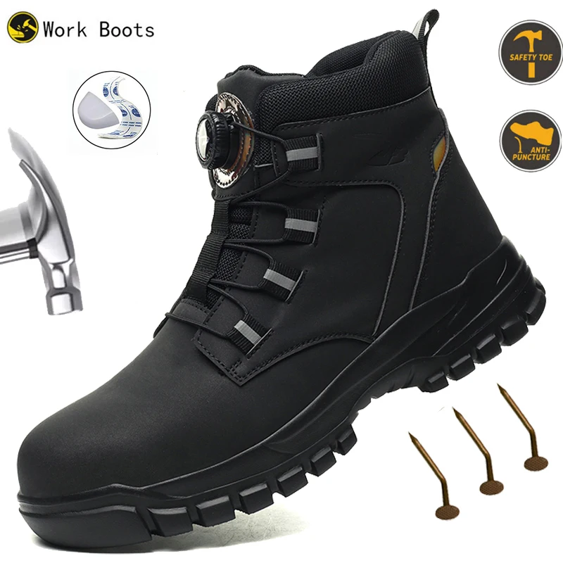 Zapatos de trabajo con botón giratorio para hombre, botas protectoras antipinchazos, zapatillas de deporte, zapatos de seguridad para el trabajo impermeables, zapatos antideslizantes con punta de acero