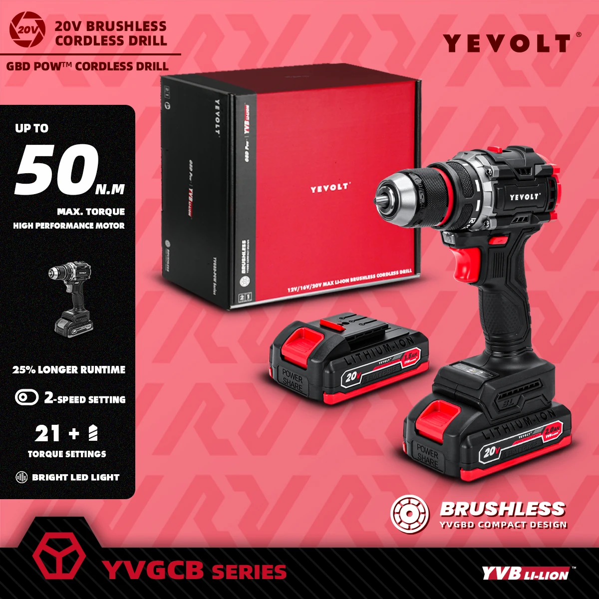 

YEVOLT YVGBD20DU2 20V Energy Saving Brushless Cordless Screwdriver Drill 450 in-lbs/50N.m 21+1 Torque Setting Hardened Chuck