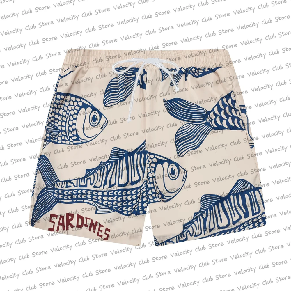 

Летние мужские пляжные шорты с узором Sardine, повседневные короткие брюки, дышащие мотоциклетные шорты, Гавайские шорты для отдыха