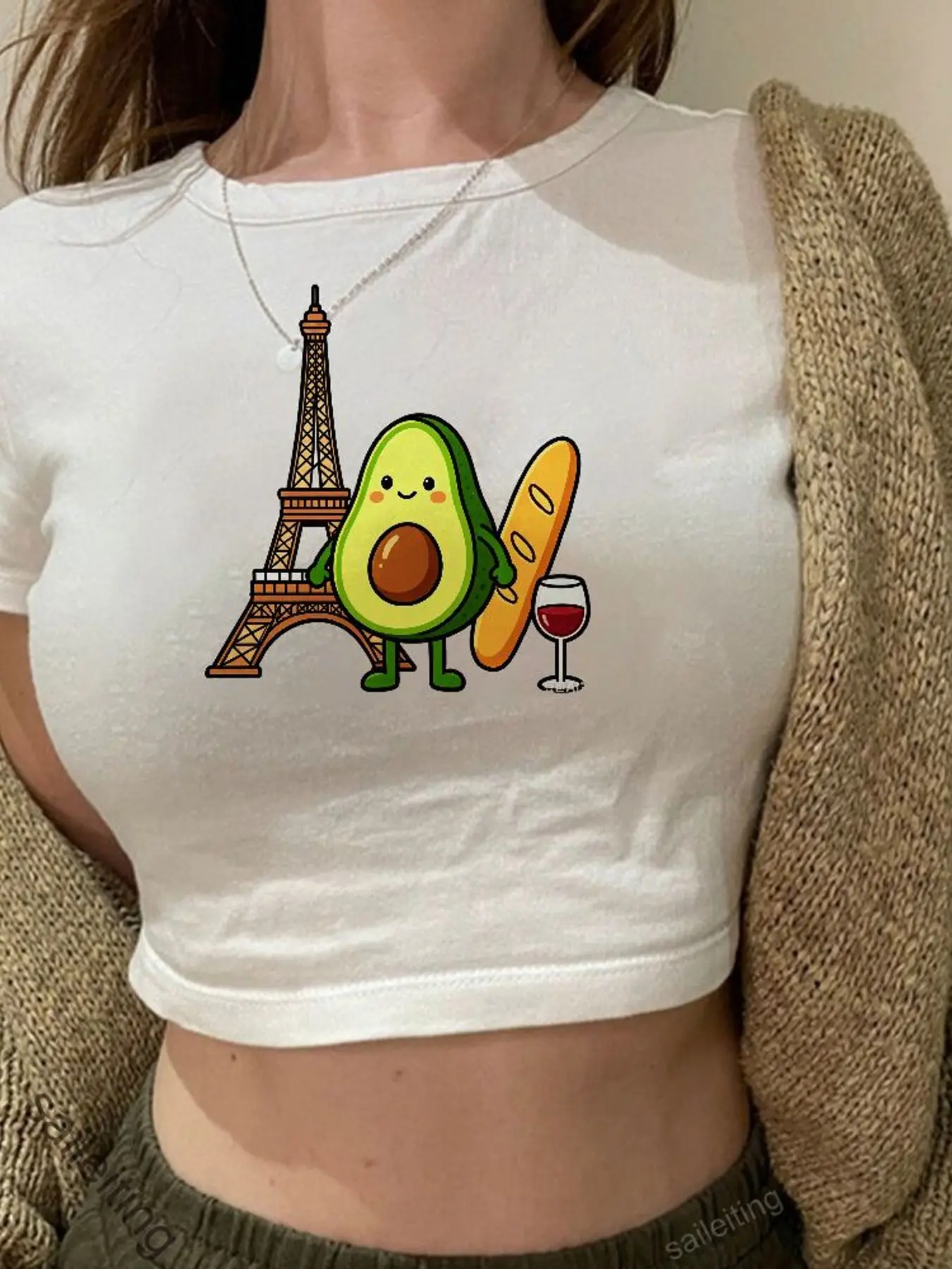 Women's Avocado Parisian Crop Top T-Shirt Short Sleeve Cute French Baguette Wine Eiffel Tower Graphic Tee Summer Streetwear
