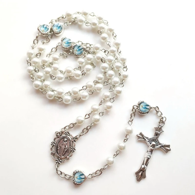 Weiße Acrylperle, lange katholische Halskette, Kreuz-Anhänger, Rosenkranz-Halskette, Jesus, religiöser Schmuck, Geschenk