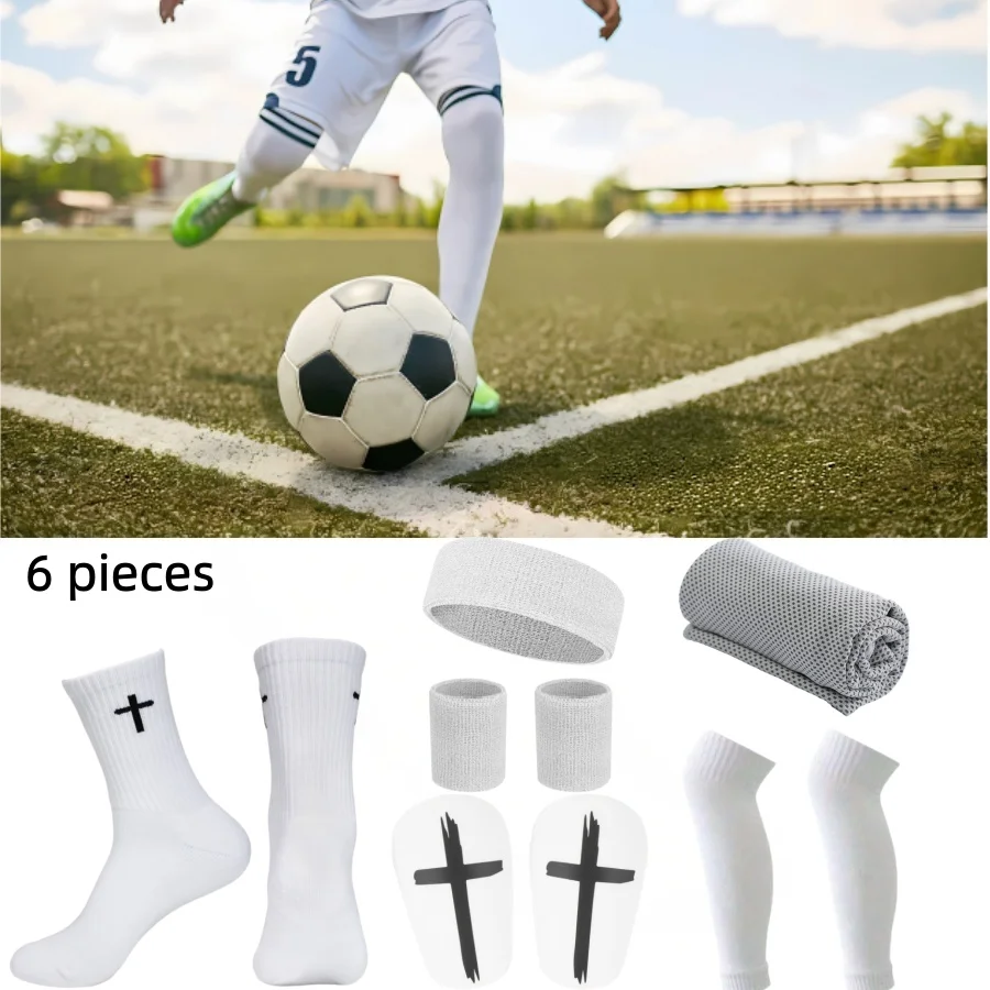6Pcs Complete Men Soccer Accessories Kit Football Socks Shin Guards Sports Sleeves Set Towel Protective for Training