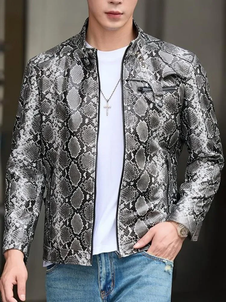 Youth Fashion Snake Pattern Zipper Genuine Leather Short Jacket Trendy Male Mix Color Long Sleeves Slim Sheepskin Outerwear