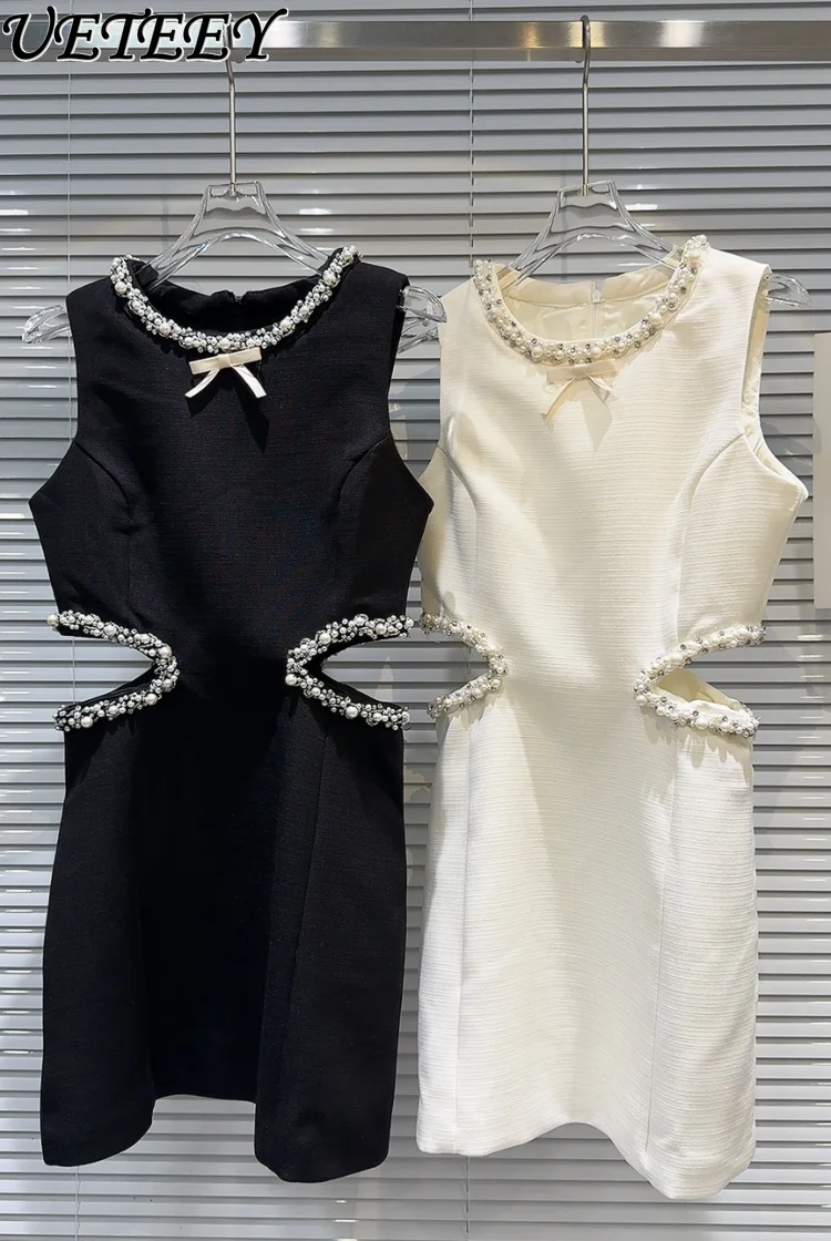 

Summer New Heavy Industry Pearl Beaded Round Neck Sleeveless Dress Fashionable Waist-Baring Slim-Fit Temperament Dresses