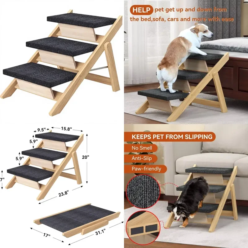 for  Medium Dog Pet Stairs Ramps 2-in-1 Foldable Non-slip Mat Portable Safe Durable Load 110 lbs 3 Steps Suitable  High Use