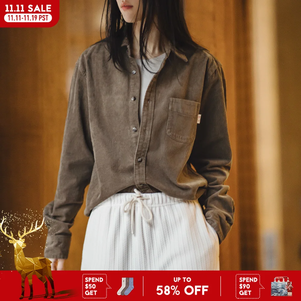 

Maden Женская винтажная рубашка из вельвета, элегантная с отложным воротником и длинным рукавом, хлопковая однотонная свободная блузка, женский топ