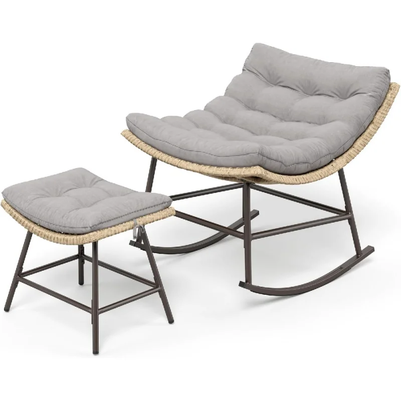 

Outdoor Rocking Chair with Footstool, Modern Wicker Papasan Egg Chair with Thick Comfy Cushion, Large Lounge