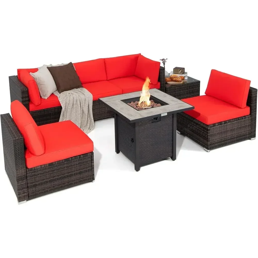7-Piece Outdoor Wicker Sectional Sofa Set with 30 Propane Fire Pit Table and Waterproof Cover (Red)