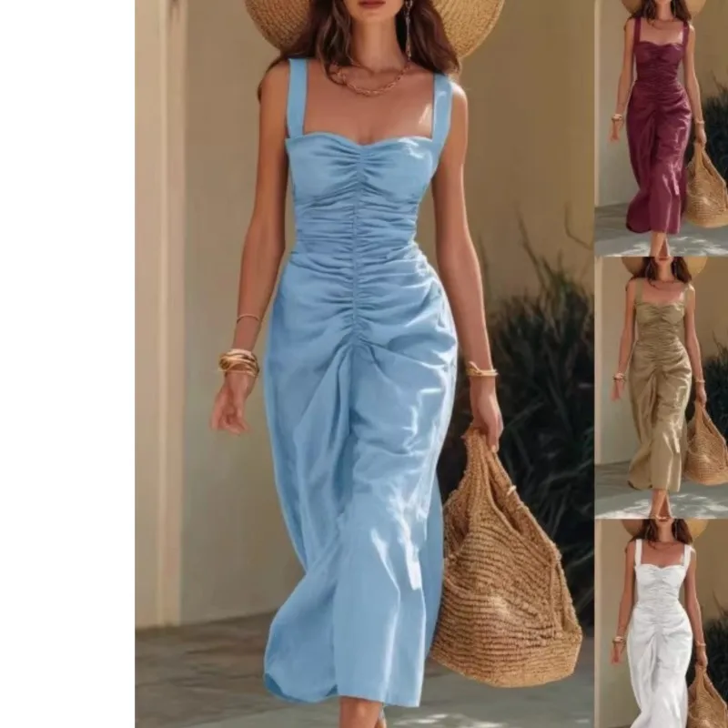 

Women's Summer Dress 2026 Square Neck Suspender Pleated New Elegant Resort Style Slim New Wide Shoulder Strap Dresses For Women