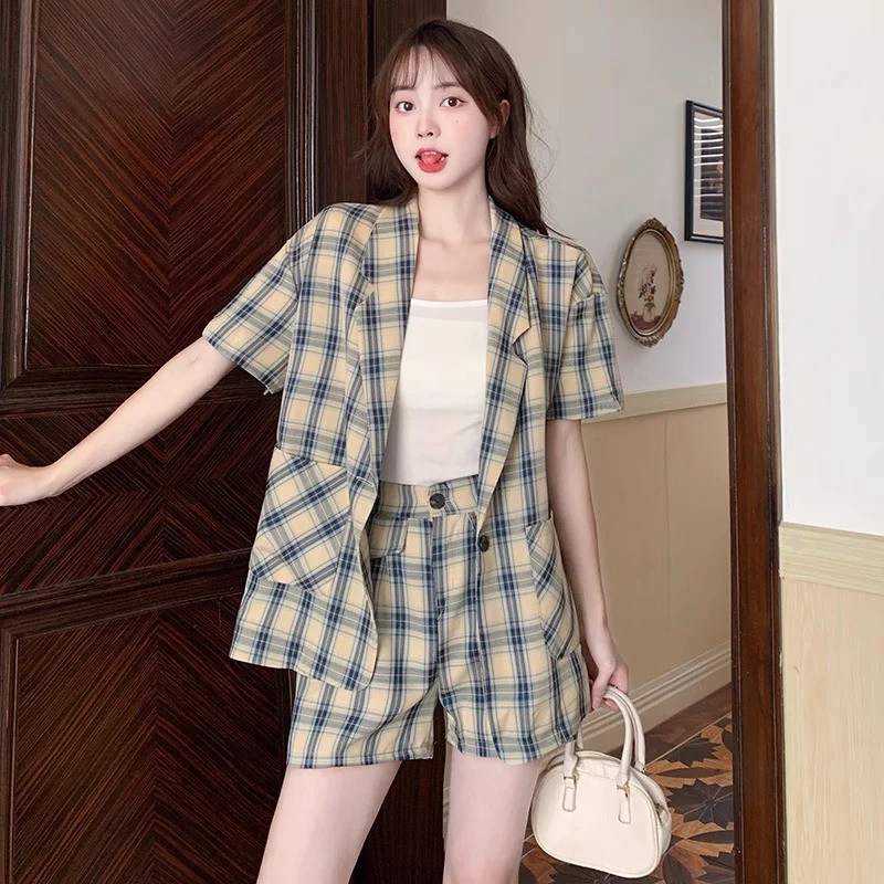 2025 NEW Women Sets Summer Thin Suit Coat +shorts Two-piece Set Korean Style Checkered Loose Jacket Fashionable Casual Suit