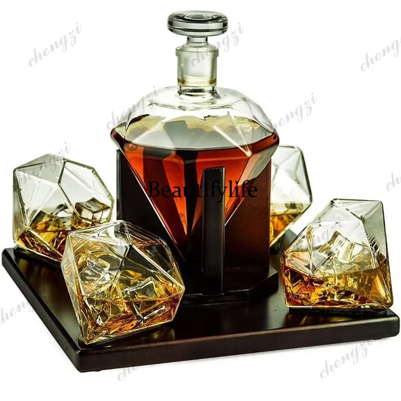 E182 Diamond Whiskey and Wine Decanter750ml ，1 Pcs Diamond Glasses and Beautiful Mahogany Wooden Holder Liquor