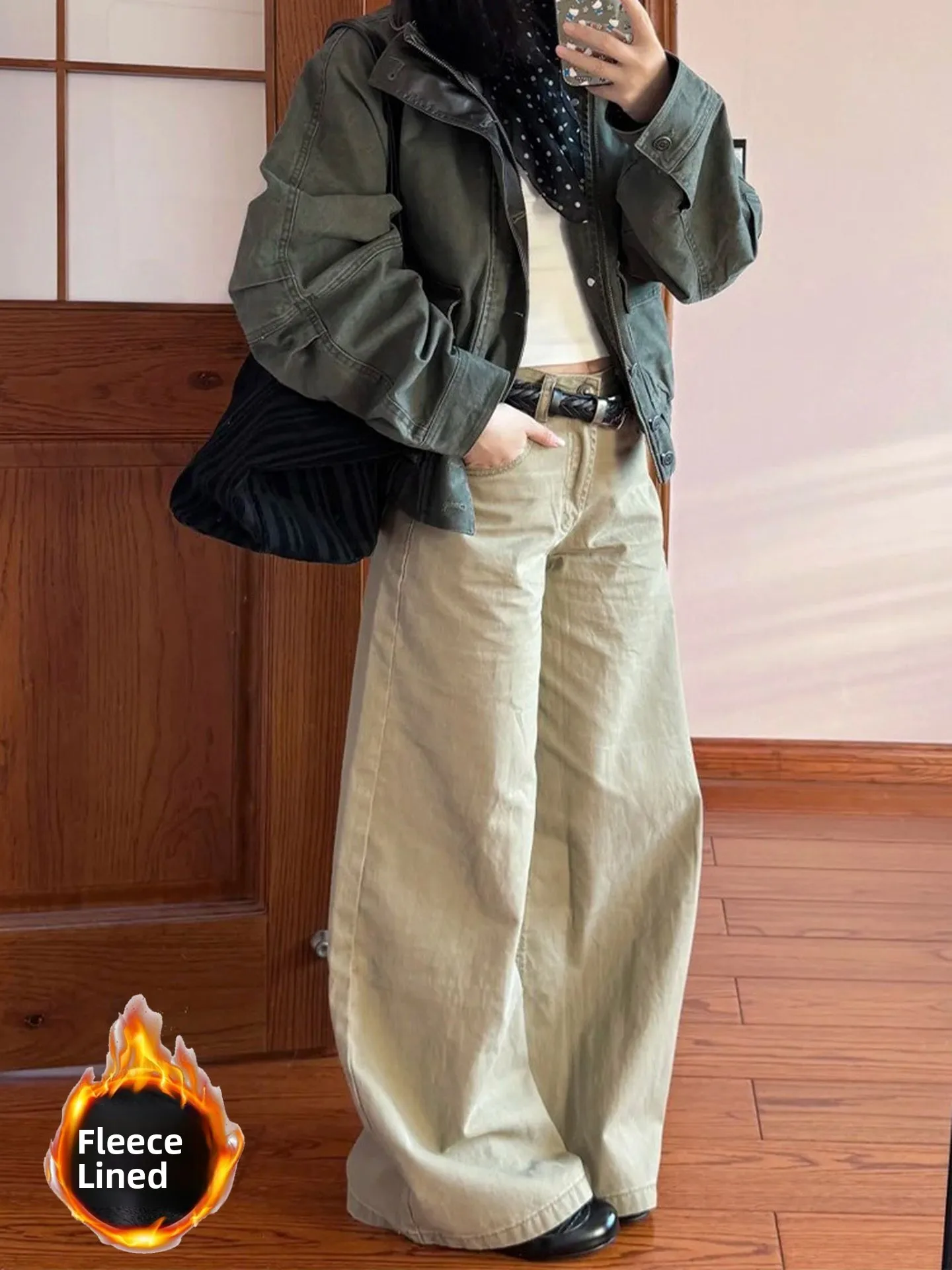 

Американские джинсы цвета хаки с высокой талией и широкими штанинами, женские осенне-зимние утягивающие брюки прямого кроя