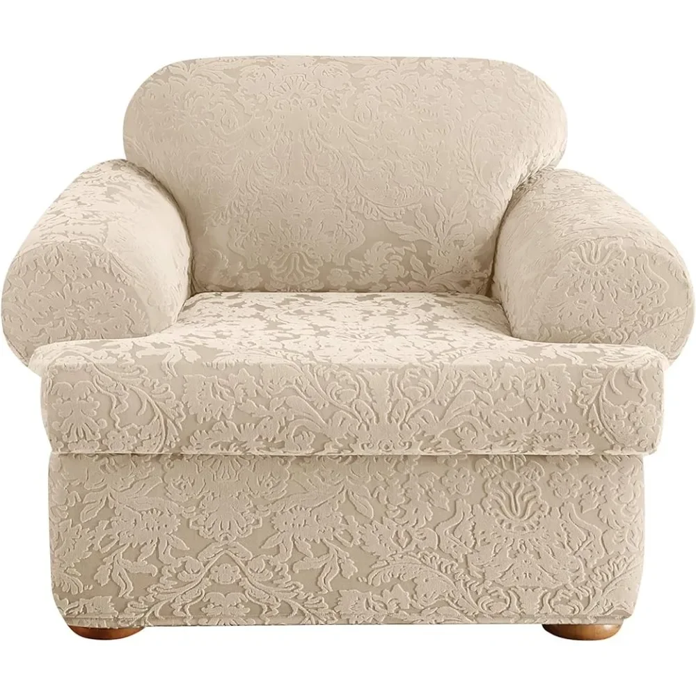 

Stretch Jacquard Damask 2 Piece T Cushion Chair Slipcover in Oyster Freight Free Furniture Living Room Chairs Lounge Home