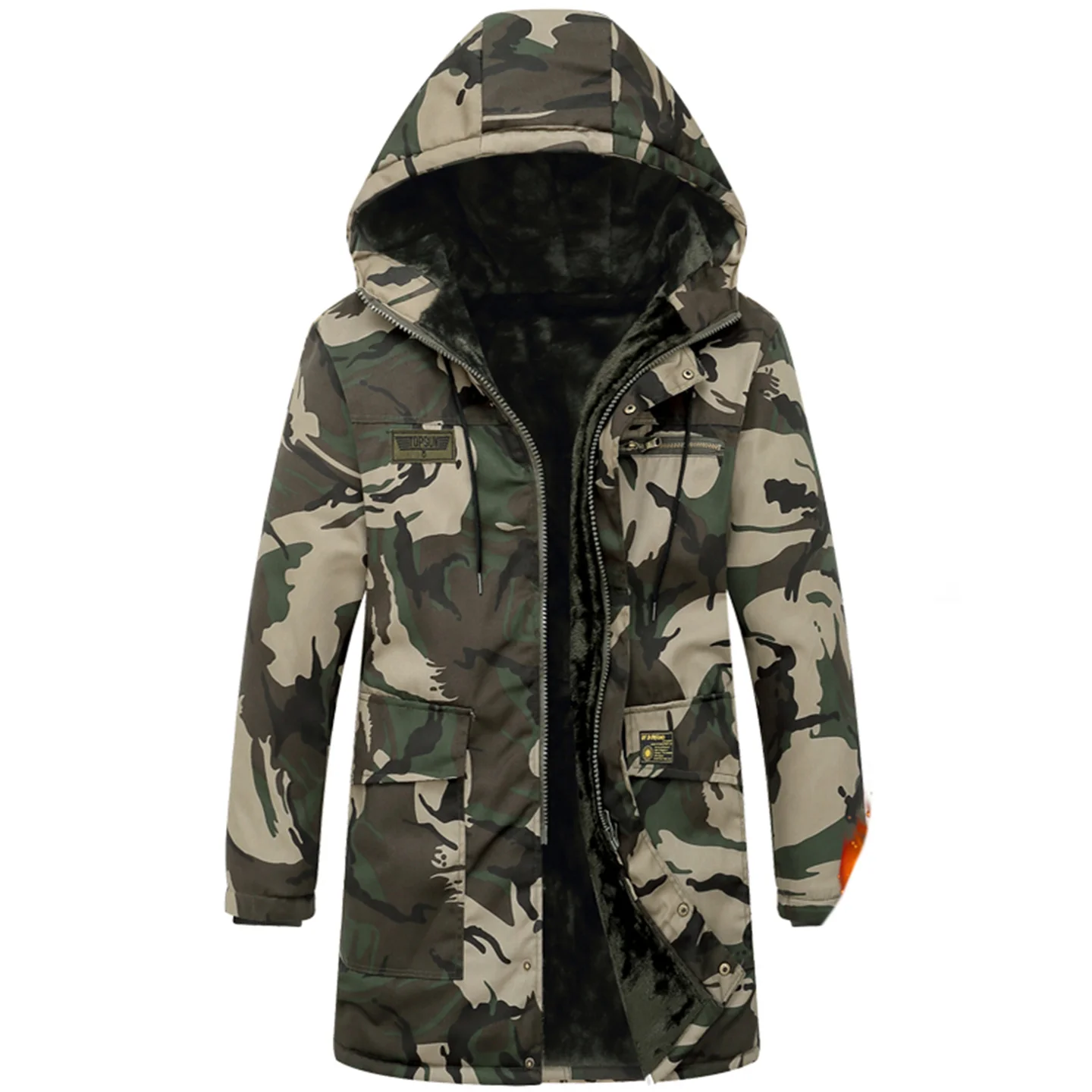 Winter Men\'s Military Camouflage Parka Hooded Hunting Jacket Thick Cotton Thermal Fleece Coat Outdoor Waterproof Long Overcoat