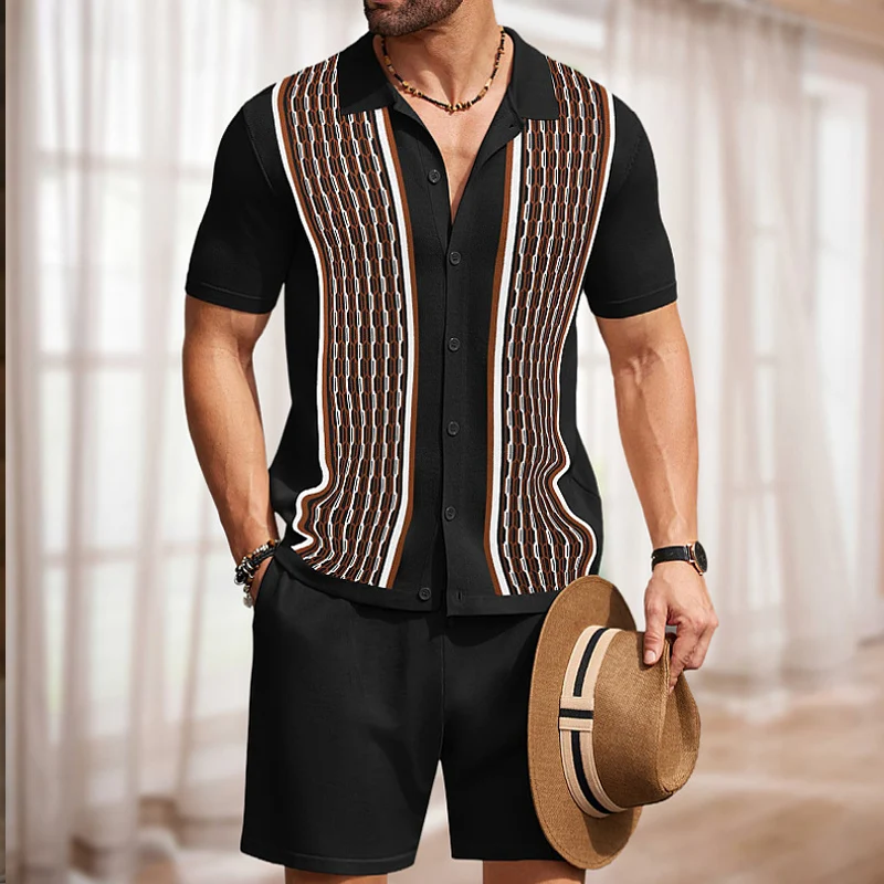 Vintage Patchwork Crochet Knit Mens Two Piece Sets Summer Daily Casual Short Sleeve Shirt And Shorts Mens Knitted Outfits Suits