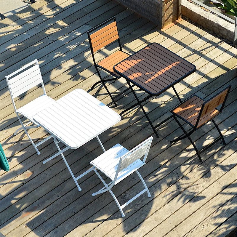 Modern simple outdoor table and chair combination table balcony cafe milk tea shop outdoor plastic wood and iron folding chair