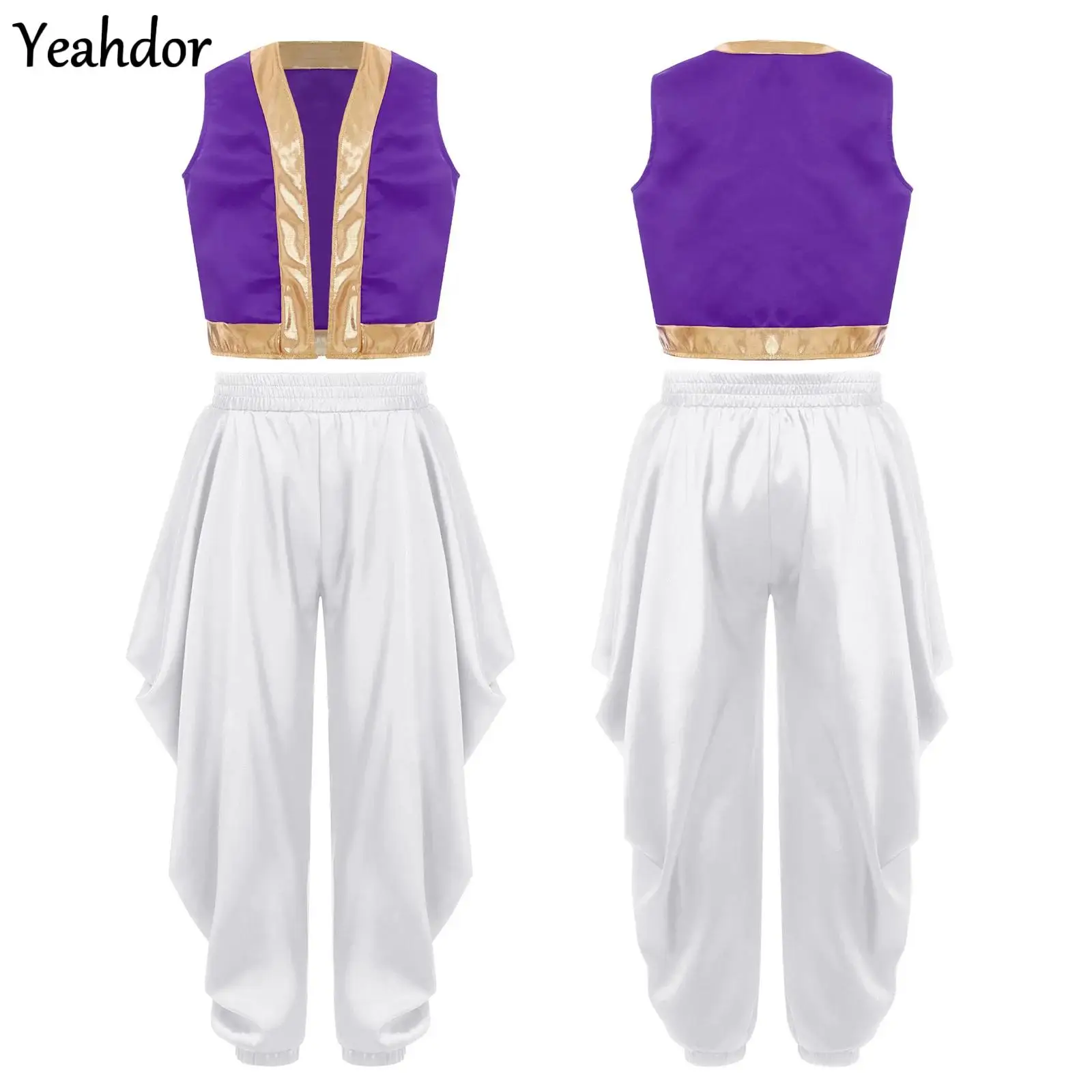

Boys Arabian Prince Cosplay Costume Loose Vest with Satin Dhoti Pants Baggy Trousers Outfit Halloween Carnivals Arabian Dress Up
