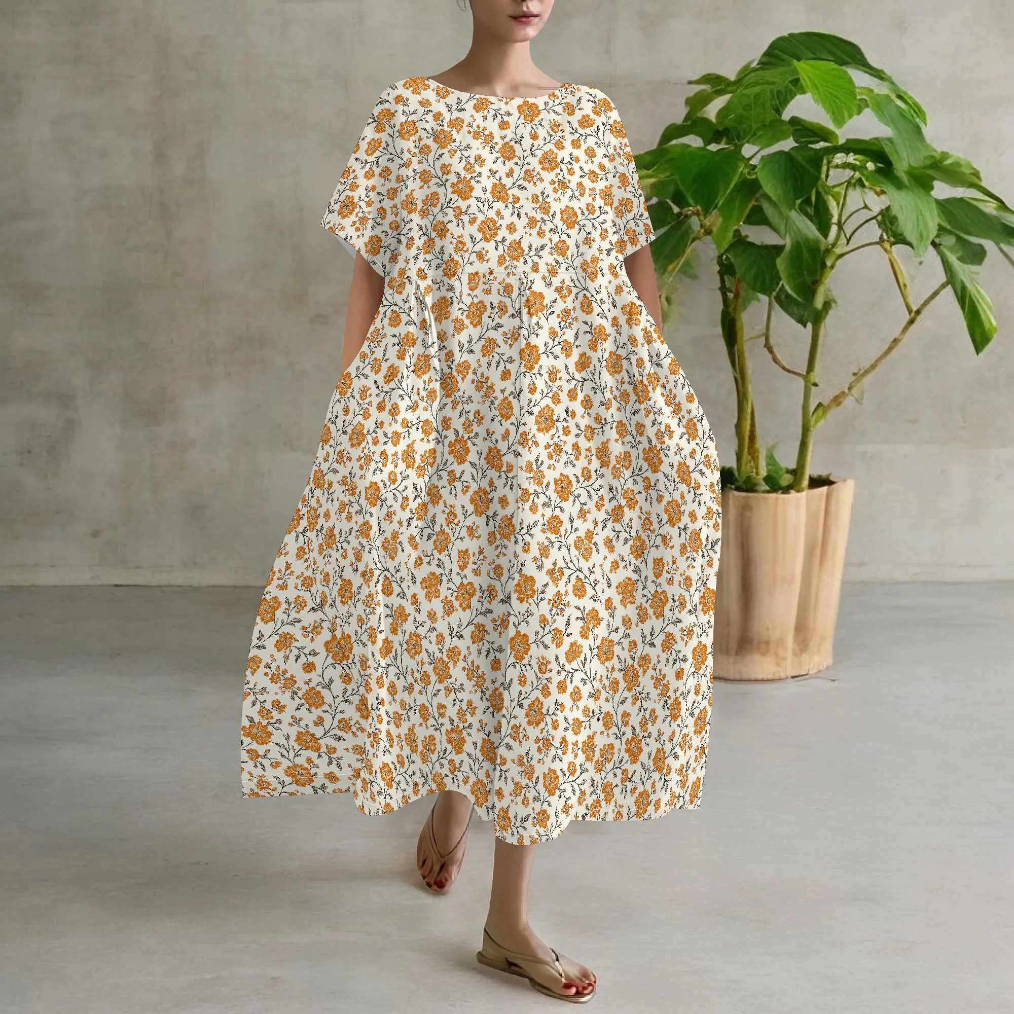 ชุดเดรสแม็กซี่สําหรับผู้หญิงโค้งฤดูร้อนลําลอง Boho Ditsy พิมพ์ลายดอกไม้ Layered Flared Long Dress พร้อมกระเป๋า