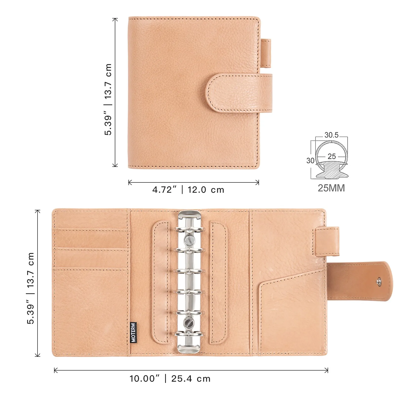 Moterm Elite Collection Pocket/A7 Size Rings Planner with 25mm Rings Vegetable Tanned Leather Notebooks Organizer Diary Journal