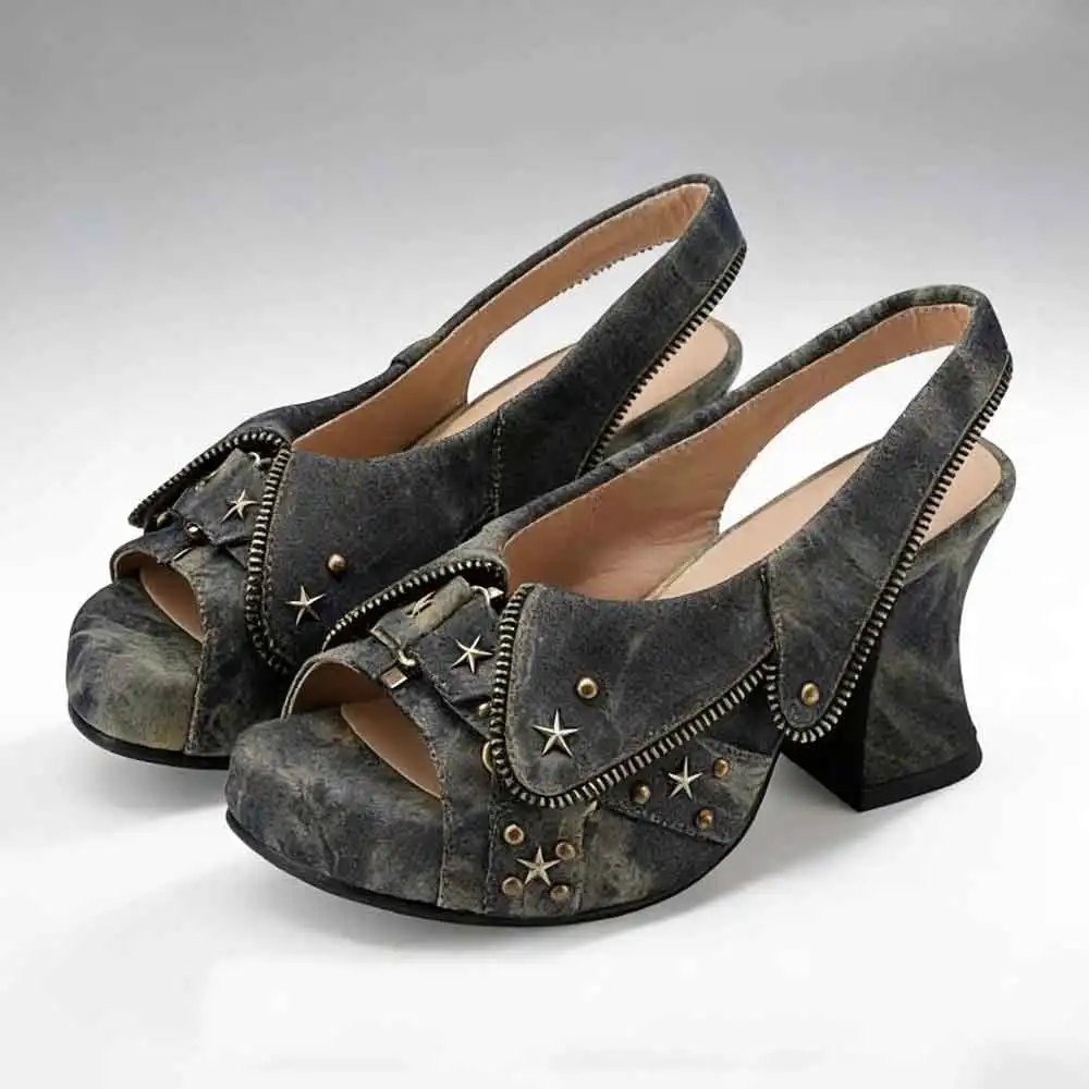 Brand New Women's Y2K Star Rivet Platform Sandals 2000's Peep Toe Slingback Chunky Heel Distressed Denim High Heeled Shoes