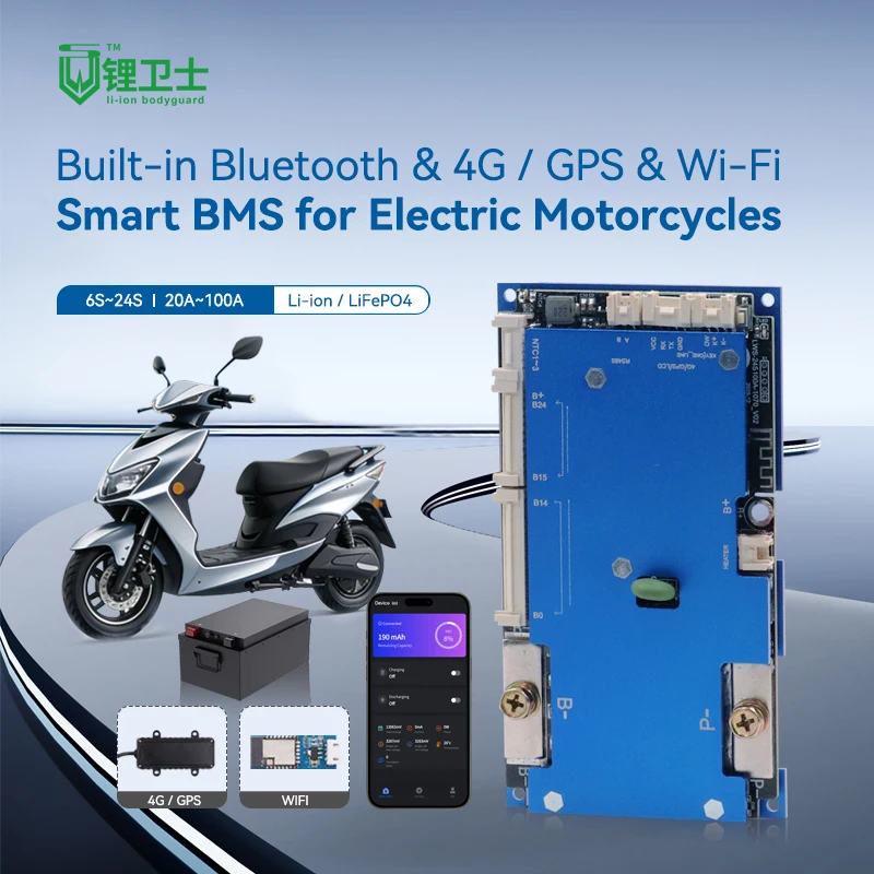 LWS Smart BMS for Electric Motorcycles With BT 4G GPS & WiFi Battery Management System 6S-24S 20A–100A for Li-ion & LiFePO4