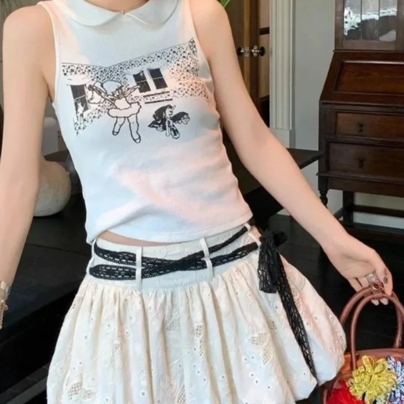 

White Waffle Vest Summer Doll Collar Sleeveless Children's Fun Printed Slim Fit Top Millennium Y2k Subculture T-shirts Harajuku