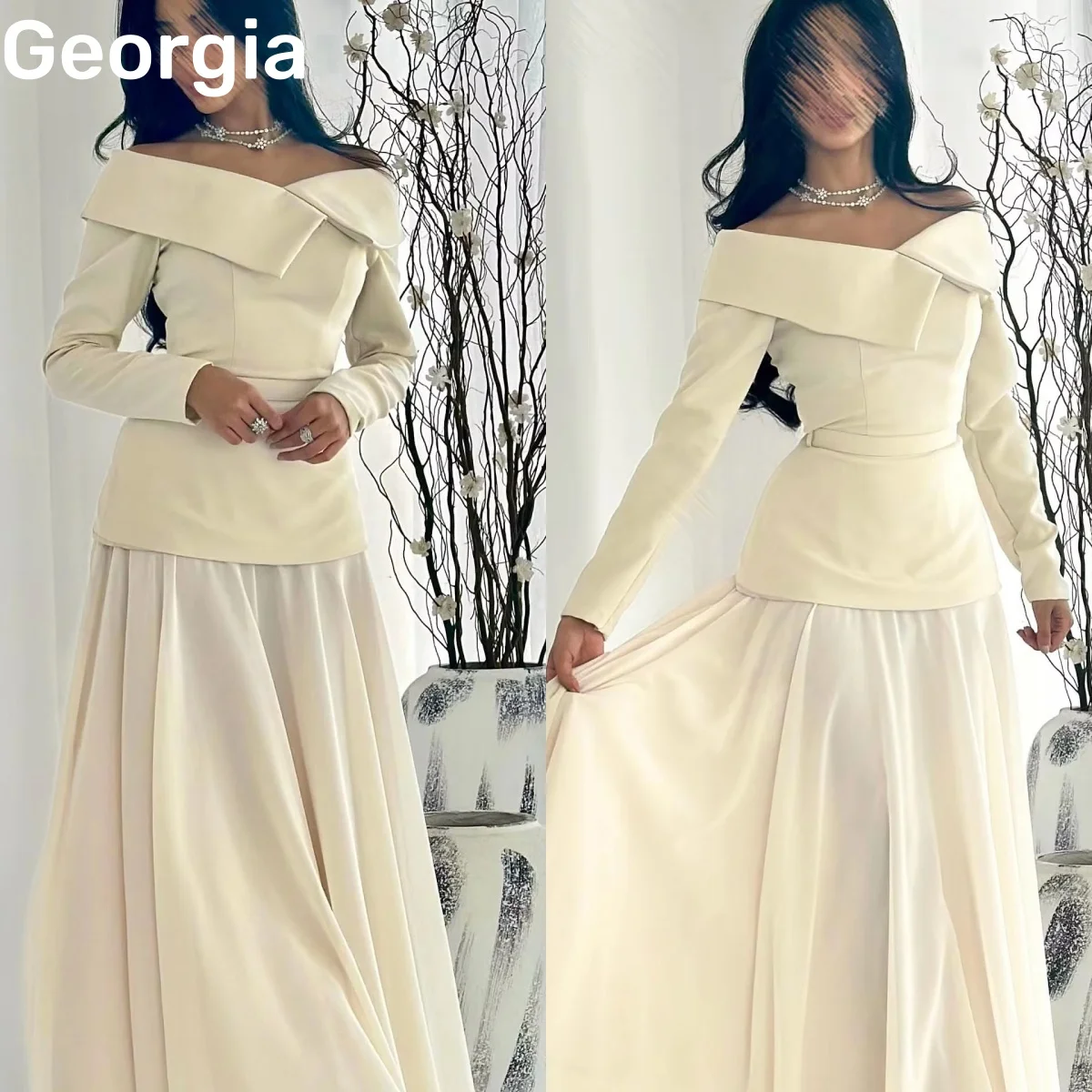 

Formal Occasion Dresses Customize A-Line Off-The-Shoulder Floor-Length Ruffle Evening Dresses Zipper Up Long Sleeves Lining Vest