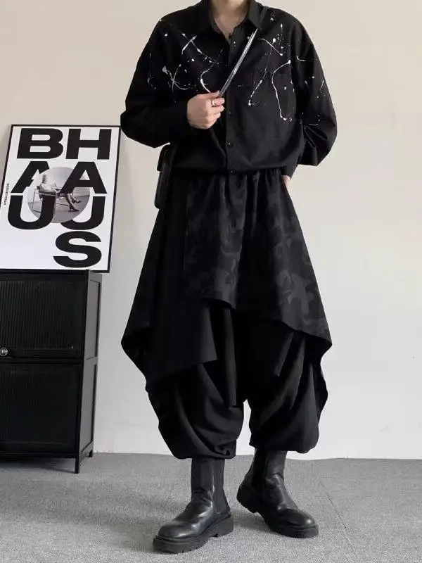 Men's Harajuku Style Wide Leg Pants Big Crotch Casual Trousers Layered Look Fake Two-Piece Black Samurai Irregular Lantern Pants