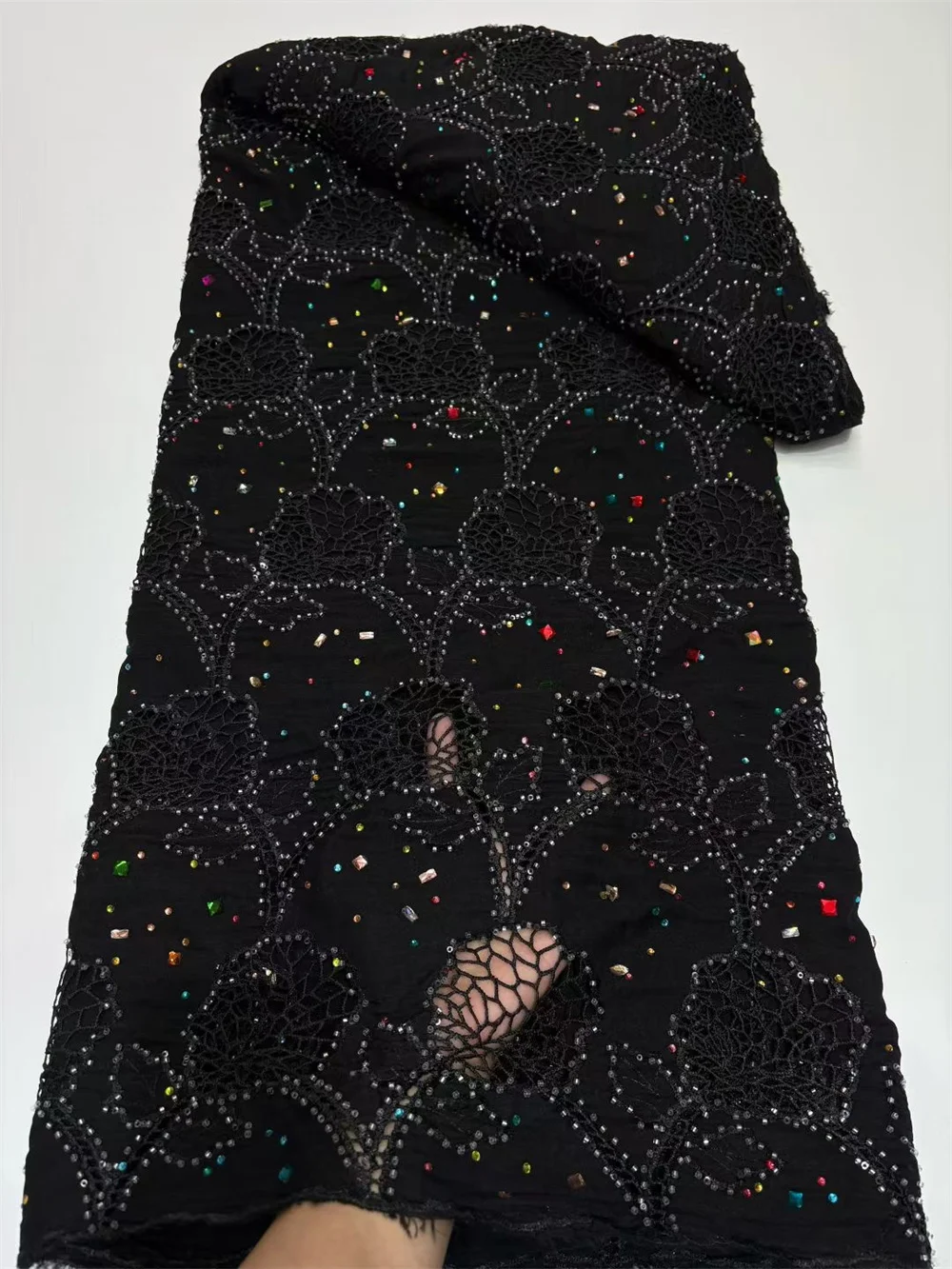 

African Nigerian High-Quality Black Lace Fabric Embroidery Chiffon Stone Guipure Water Soluble 5 Yard For Wedding Dresses W751-1