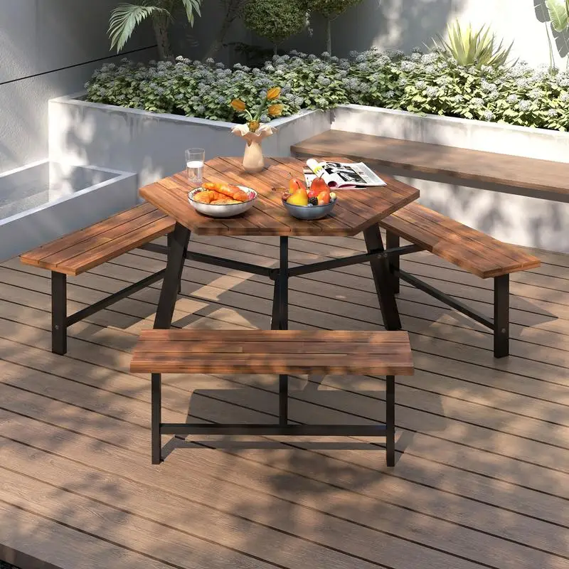 Mesa de picnic para 6 personas con 3 bancos, tablero de madera de acacia, almohadillas antideslizantes para los pies, superficie de listones, juego de comedor para patio exterior