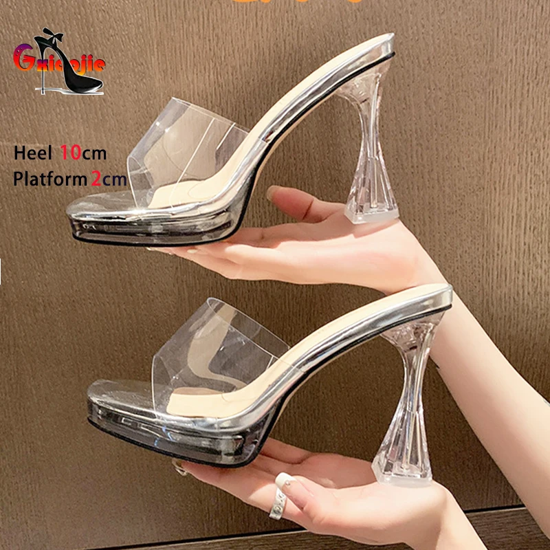 Summer Women's Slippers 10CM 13CM Fashion Platform Clear High Heels 2024 Square Toe Slides Sandals Transparent PVC Jelly Shoes