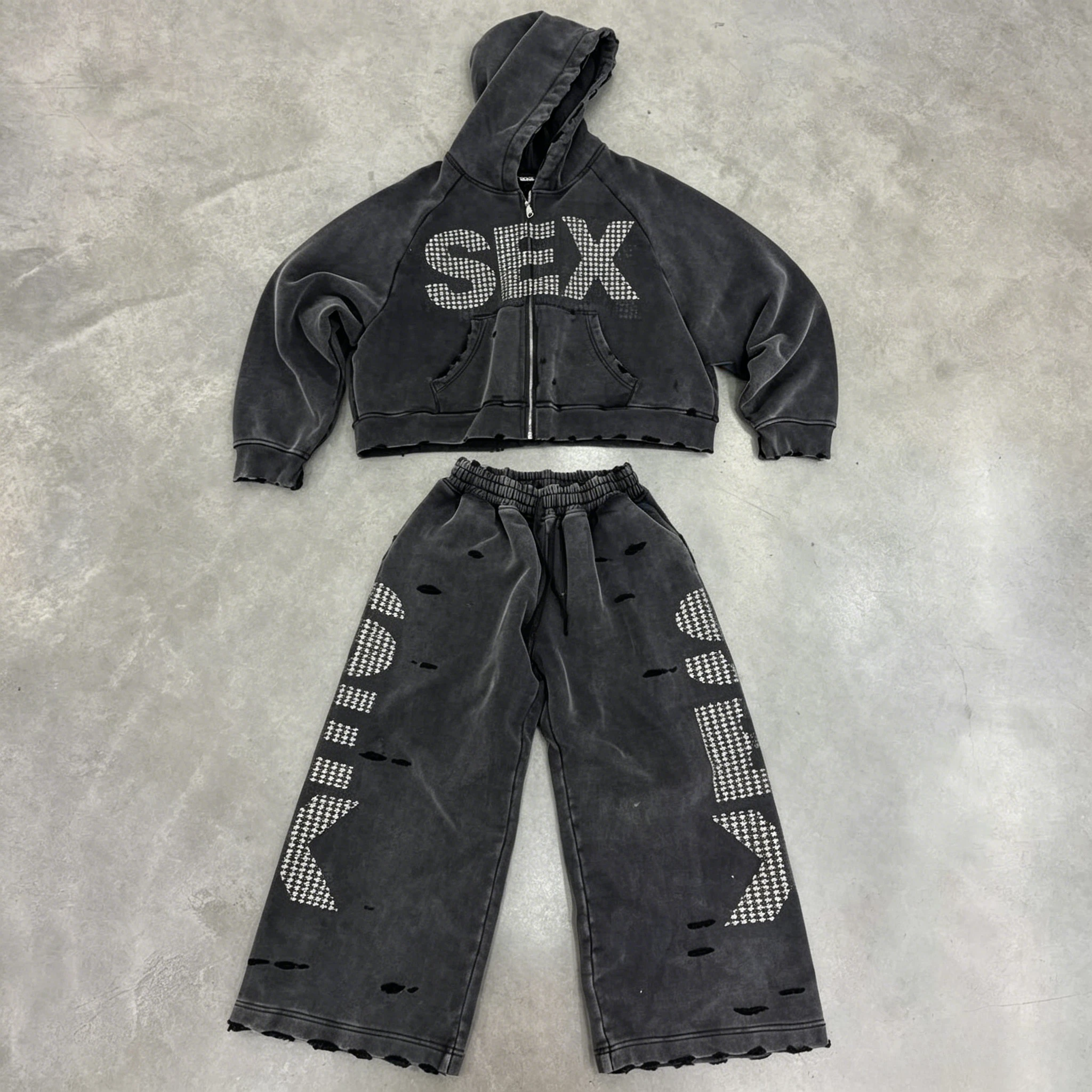 Conjunto de Sudadera con Capucha Y2K Oversize Retro Lavada Estampada Casual con Cremallera, Estilo Gótico Negro Roto Hip Hop para Hombre y Mujer, Pantalones de Chándal Harajuku