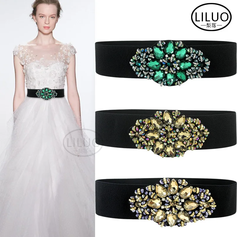 2023 Women Luxury Fashion Crystal Stone Belt Waist New Set Dress Accessories Elastic Decoration Green Bright Suitable 65-92cm