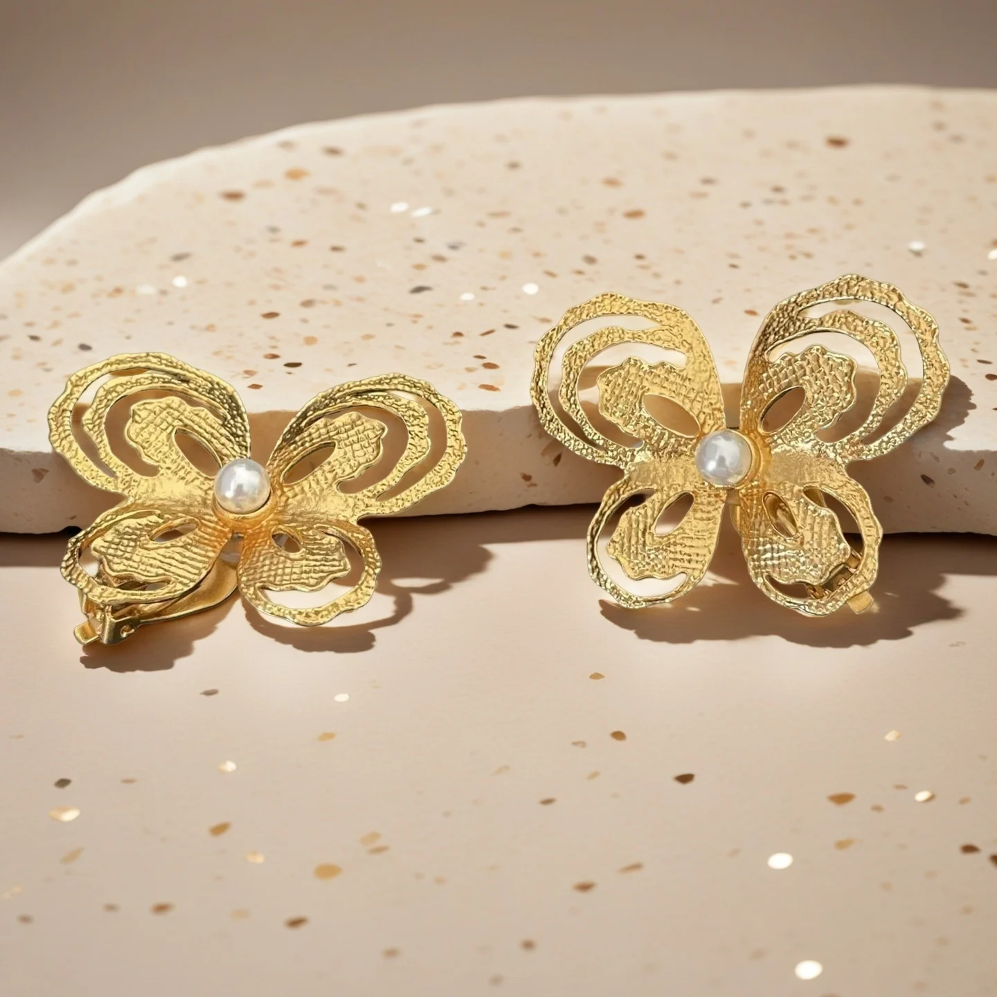 Yuri Ailey Vintage Bow Clip‑on Earrings for Women Gold Hollow Butterfly With Imitation Pearl Inlay Non‑Pierced Ear Clips