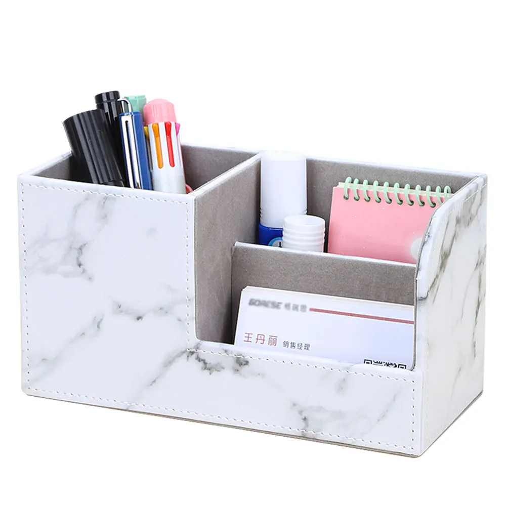 Marble Pattern Desk Leather Multi-Function Desk Stationery Organizer Storage Box Cell Phone Business Name Card Pen Pencil Holder