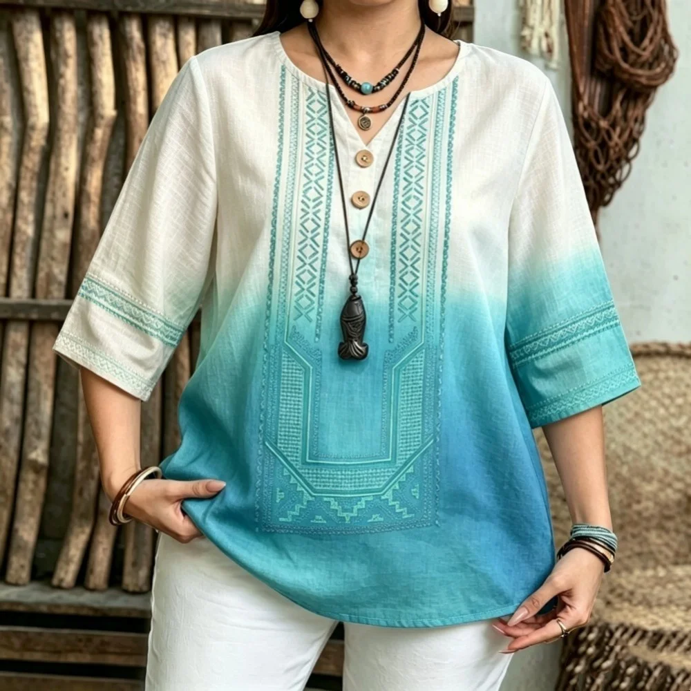 Women 3/4 Sleeve Notch V Neck Blouse Ombre Gradient Ethnic Geometric Print Linen Bohemian Casual Vacation Top