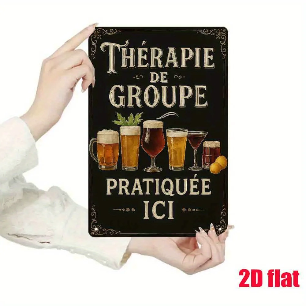 Vintage French Aluminum Sign Therapie de Groupe Pratique Ici - Rustic Wall Art with Beer Mug Illustrations, Waterproof Outdoor