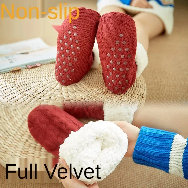 Women\'s Warm Solid Color Floor Socks Non Slip Plush Knitted Coral Fleece Socks No Show Socks