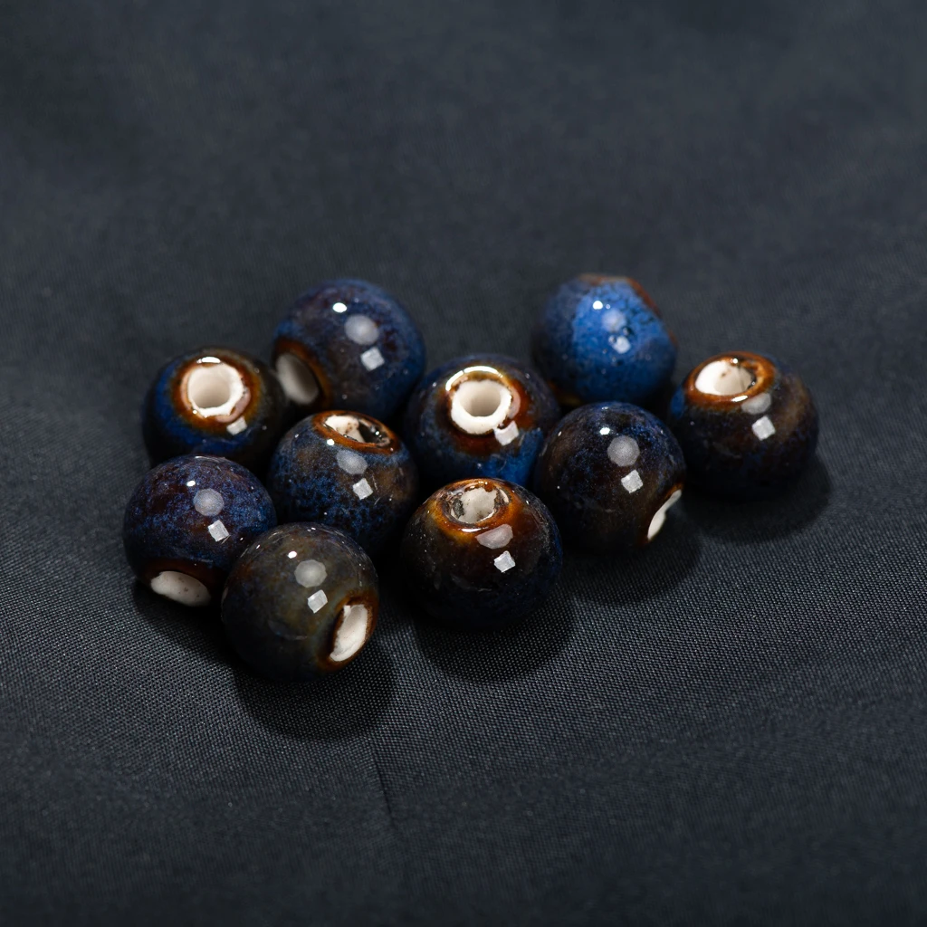 Handcrafted Deep Blue Ceramic Beads Set 10 Pieces 12x10mm with Unique Glazed Finish for DIY Jewelry Making